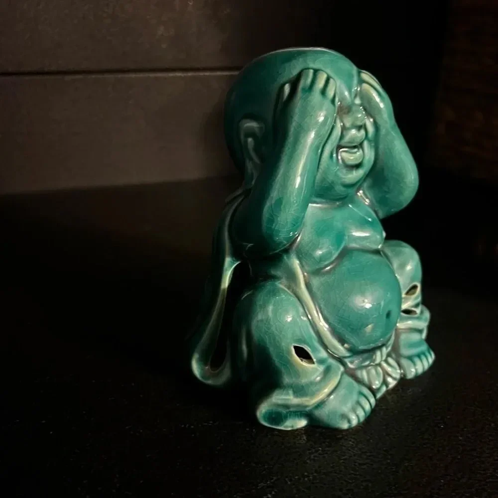 Vintage Green blue Buddha potpourri holder see no evil - Picture 2 of 8